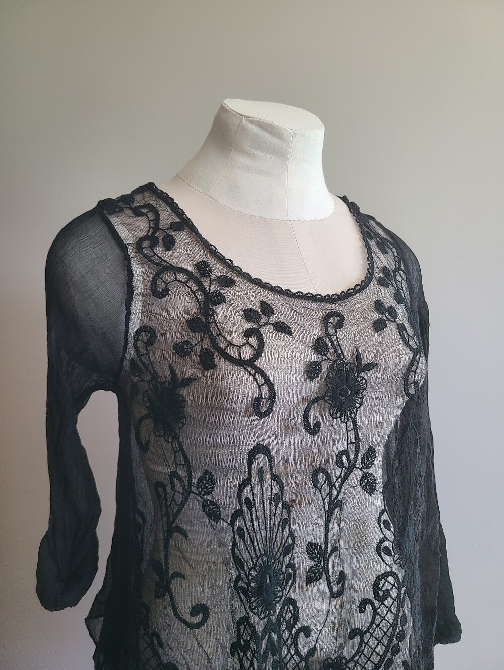 Black Sheer Embroidered Long-Sleeve Top - Picture 2 of 16